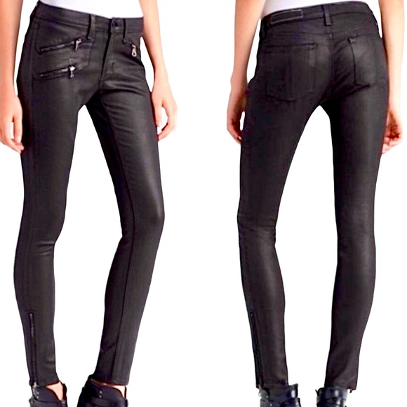 Rag & Bone Coated/Waxed Midrise Moto Jeans Zip Ankle in Seal (Black) 25 - Picture 1 of 10